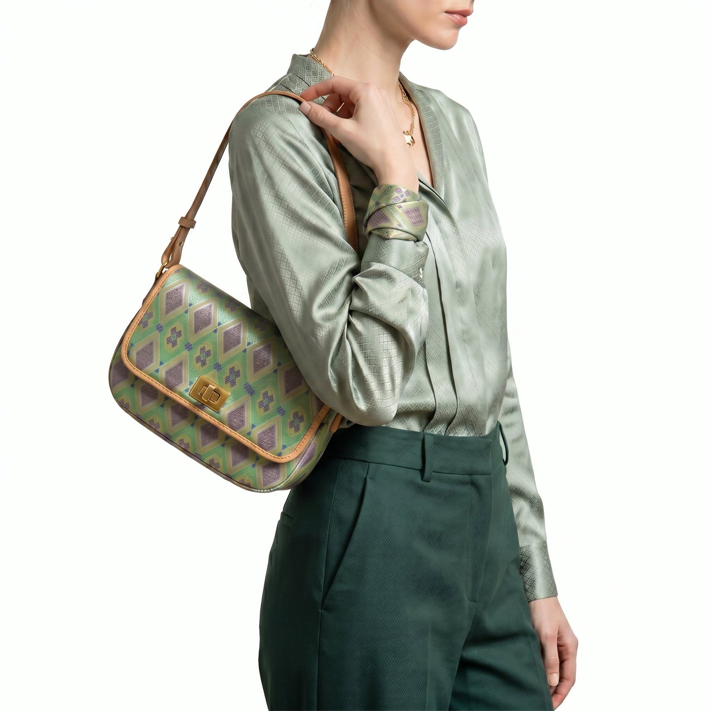 Diamond Lattice Brocade Crossbody Bag (Light Green)