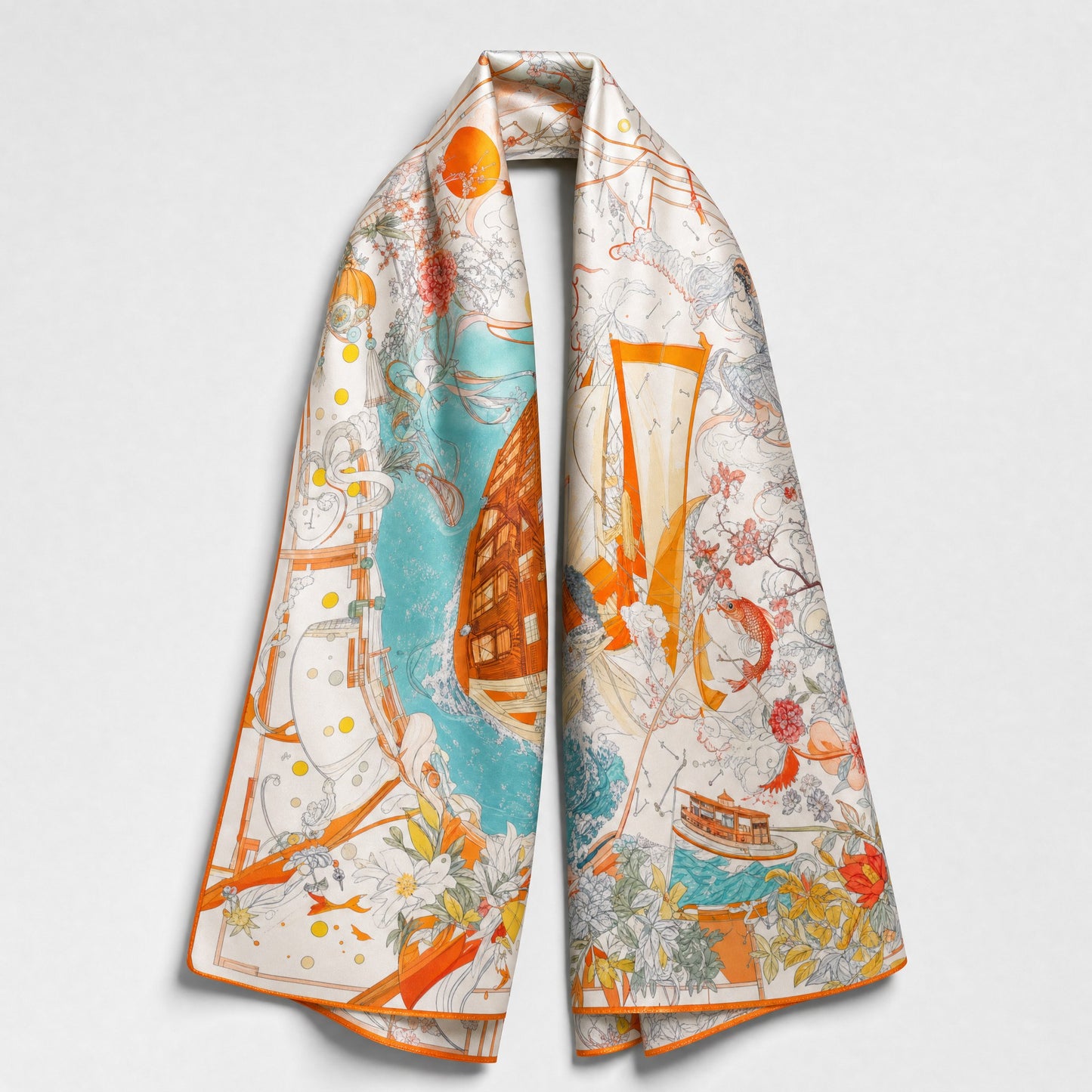 Illustrated Garden Zhuang Brocade Silk Scarf