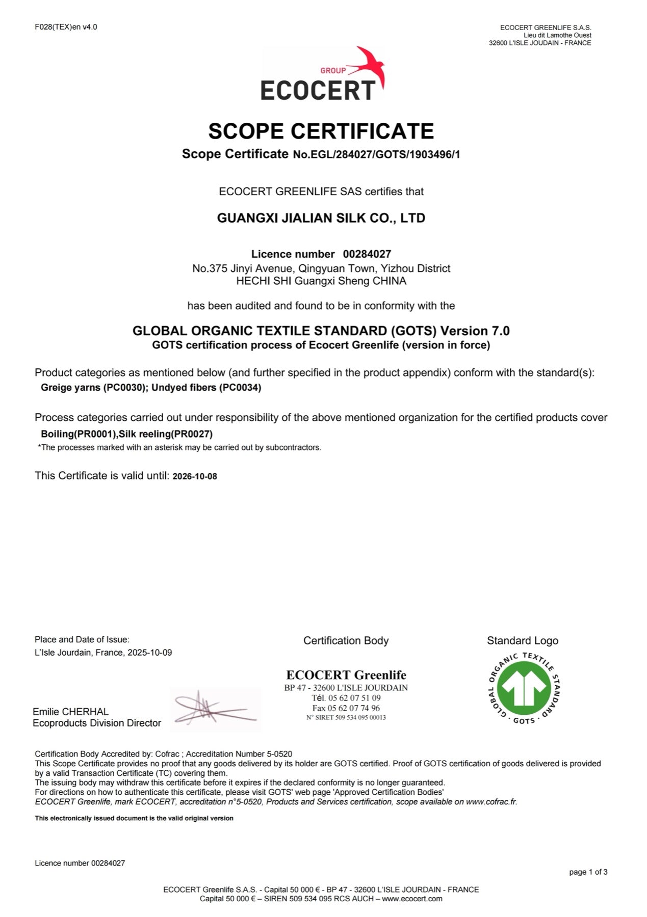 GOTS certificate