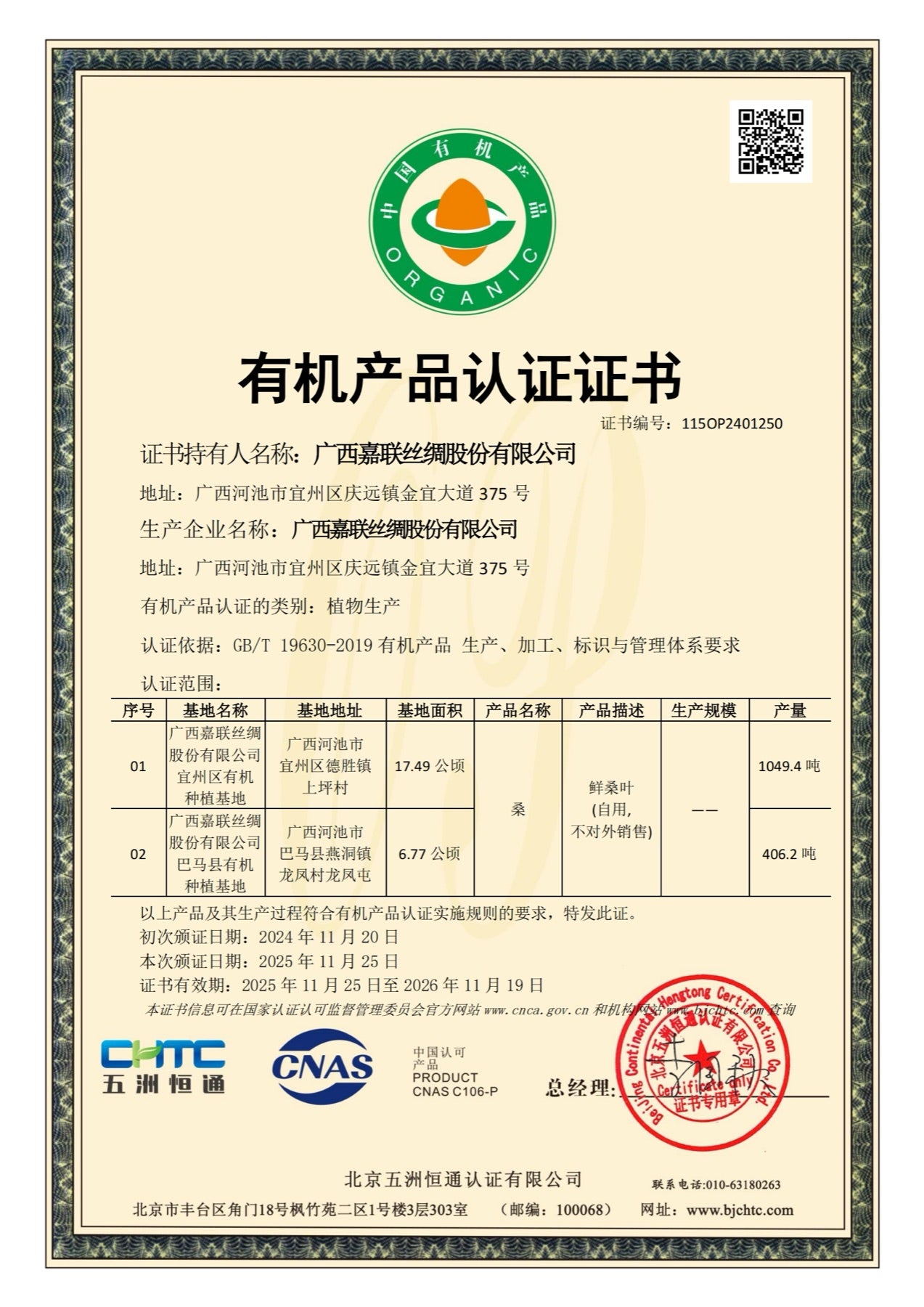 China Organic mulberry certificate