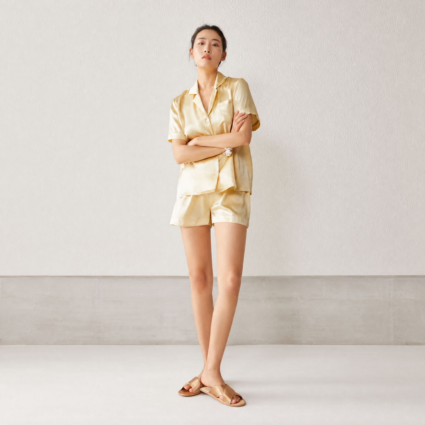 Classic Collection 19 Momme Grade 6A 100% Mulberry Silk Two-Piece Set, Camp Collar Short Sleeve Wide Leg Shorts Summer Loungewear