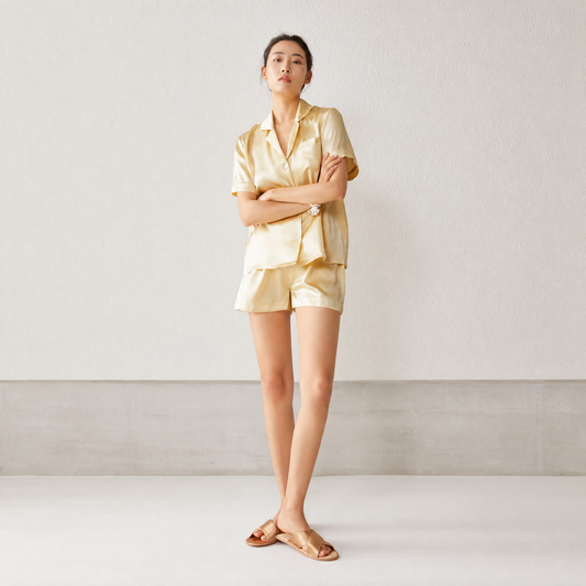 Classic Collection 19 Momme Grade 6A 100% Mulberry Silk Two-Piece Set, Camp Collar Short Sleeve Wide Leg Shorts Summer Loungewear