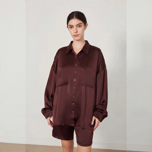 City Daily Collection 19 Momme Grade 6A 100% Mulberry Silk Crepe de Chine Oversized Shirt and Shorts Set