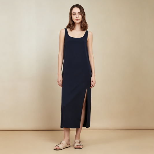 Soho Collection 19 Momme Grade 6A 100% Mulberry Silk Crepe de Chine Midi Dress with Side Slit