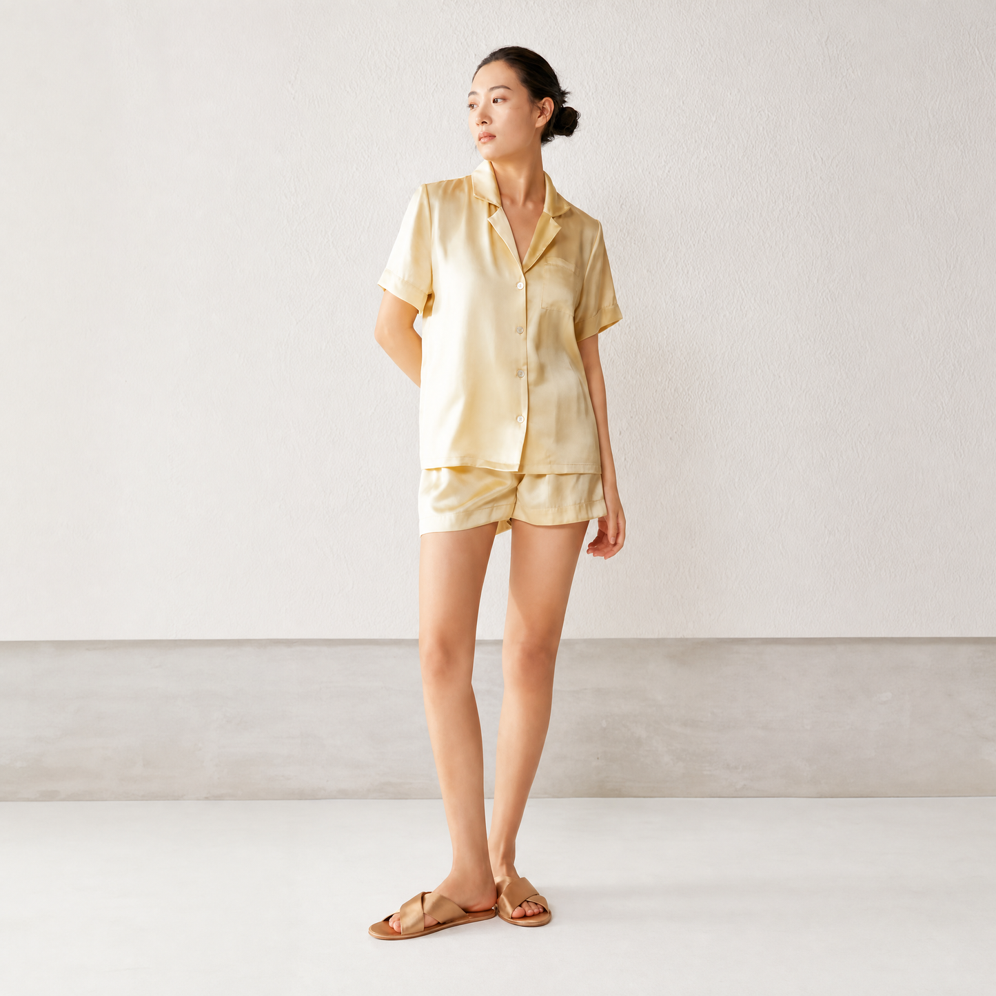 Classic Collection 19 Momme Grade 6A 100% Mulberry Silk Two-Piece Set, Camp Collar Short Sleeve Wide Leg Shorts Summer Loungewear