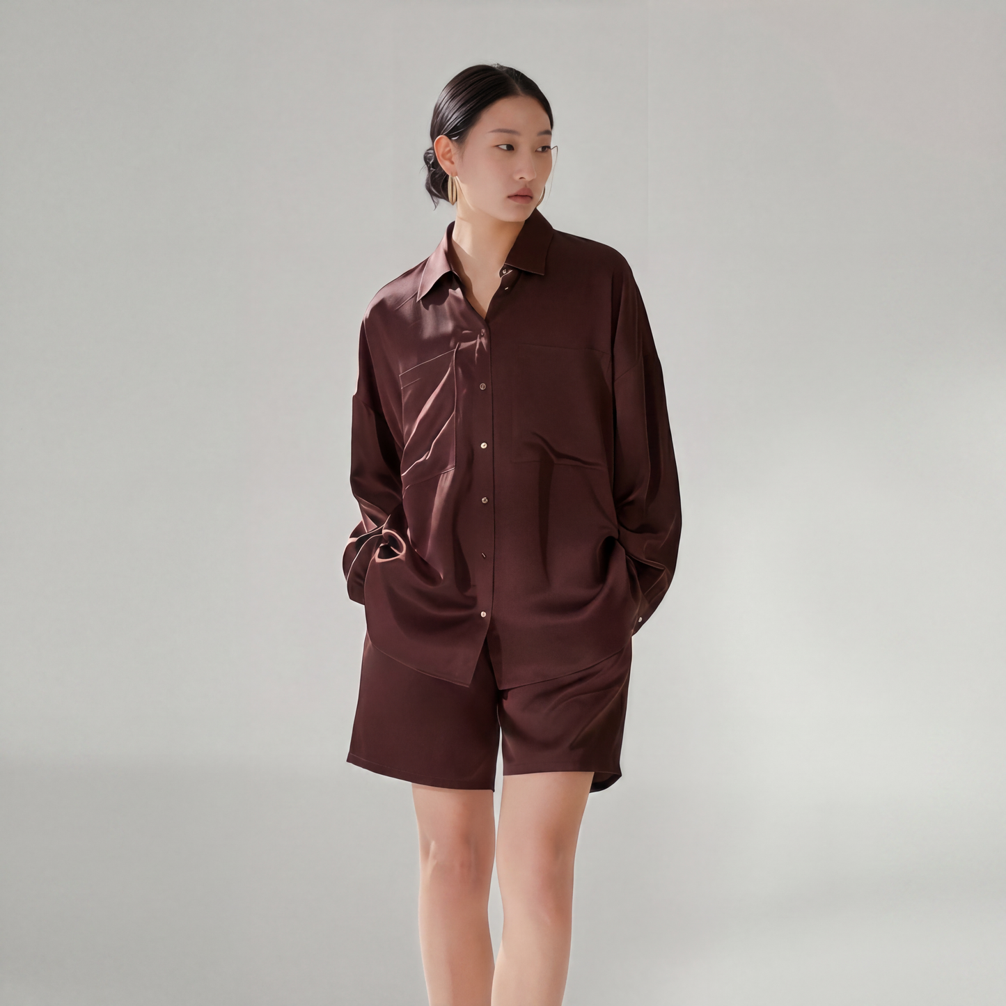 City Daily Collection 19 Momme Grade 6A 100% Mulberry Silk Crepe de Chine Oversized Shirt and Shorts Set