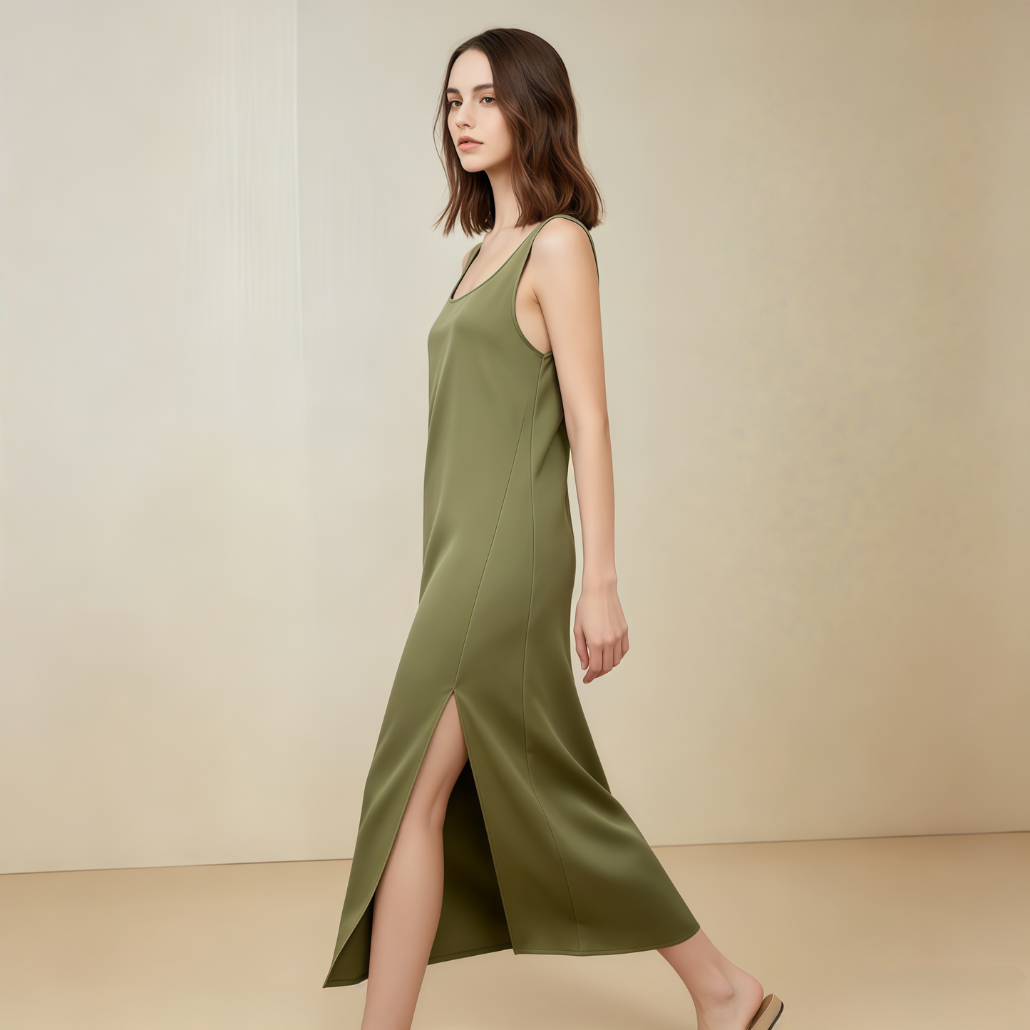 Soho Collection 19 Momme Grade 6A 100% Mulberry Silk Crepe de Chine Midi Dress with Side Slit