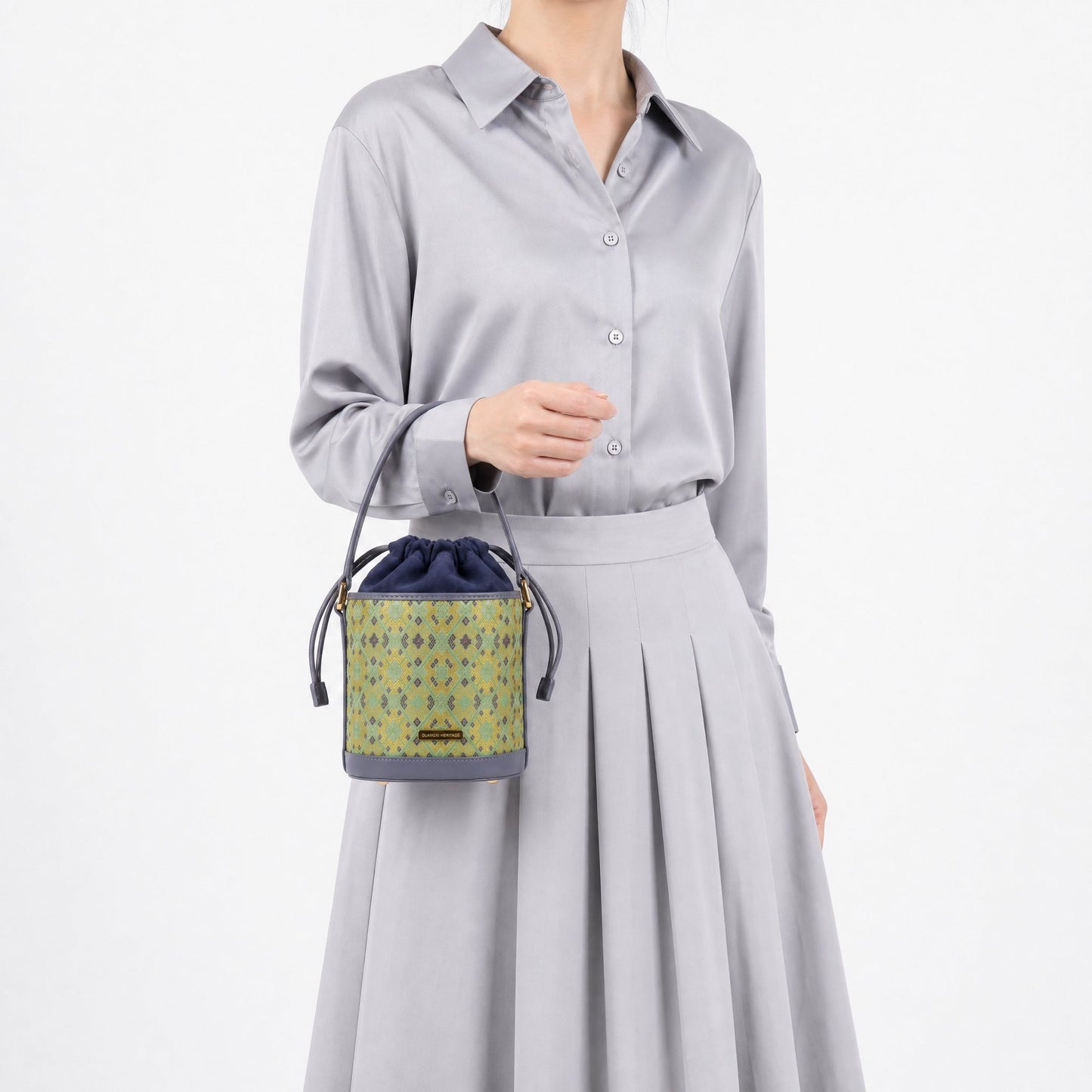 Diamond Lattice Brocade Bucket Bag (Light Green)