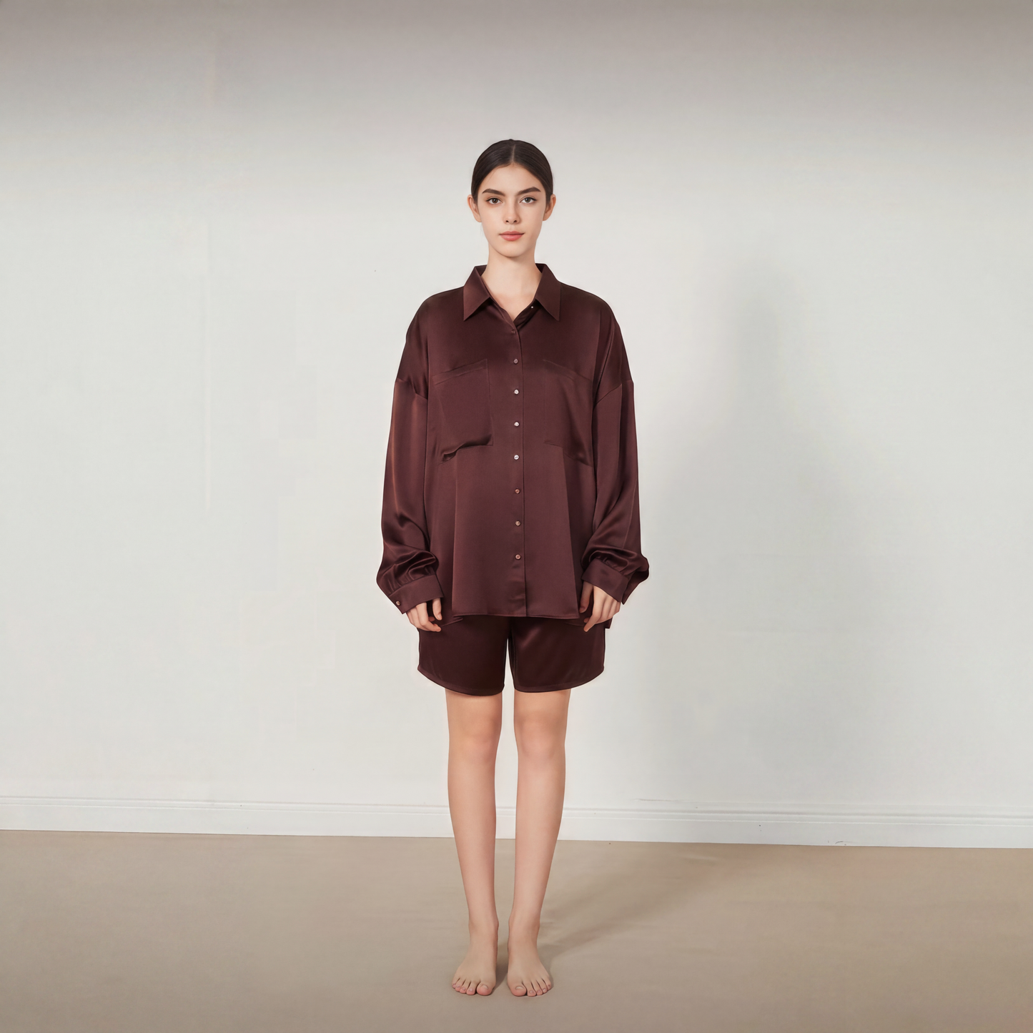 City Daily Collection 19 Momme Grade 6A 100% Mulberry Silk Crepe de Chine Oversized Shirt and Shorts Set