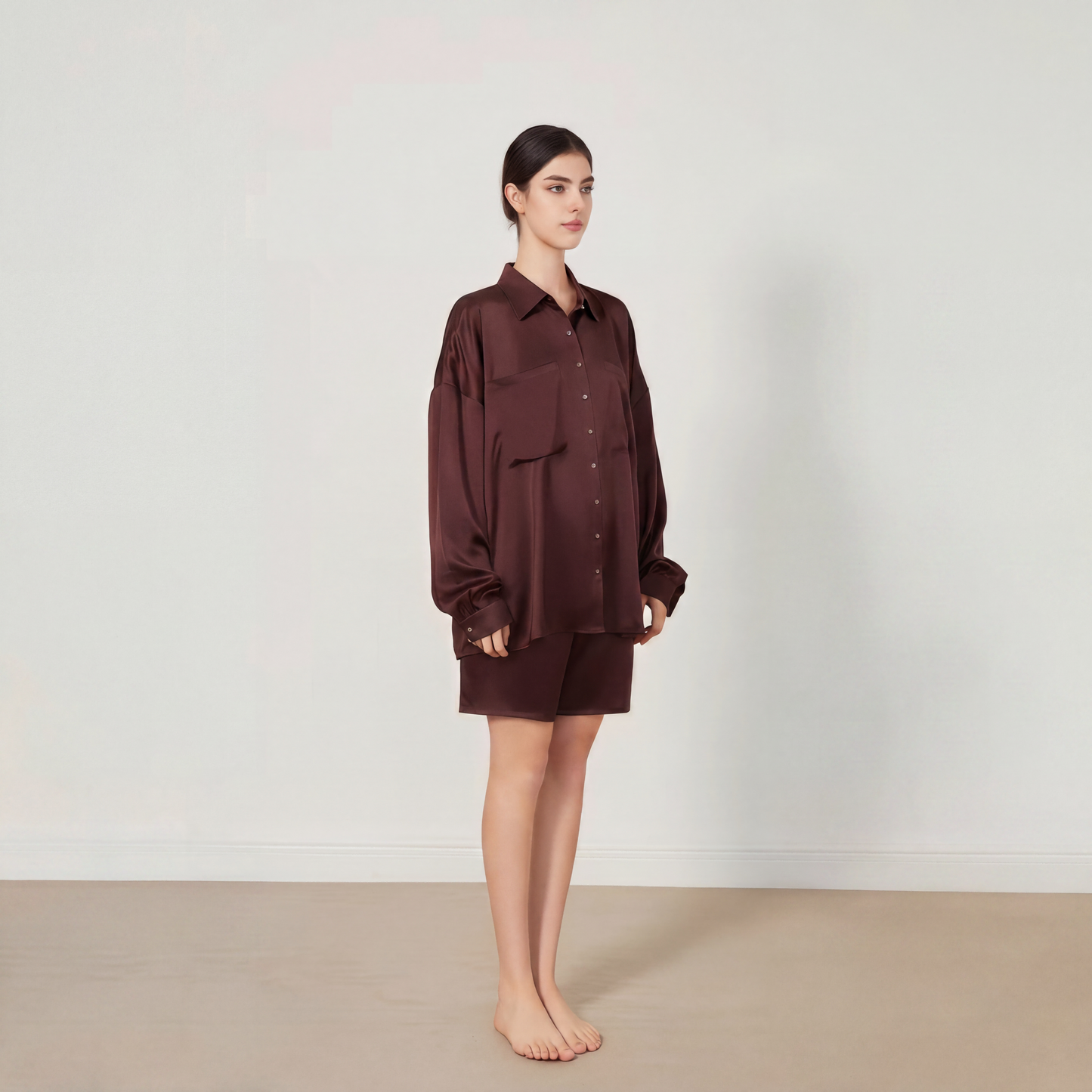 City Daily Collection 19 Momme Grade 6A 100% Mulberry Silk Crepe de Chine Oversized Shirt and Shorts Set