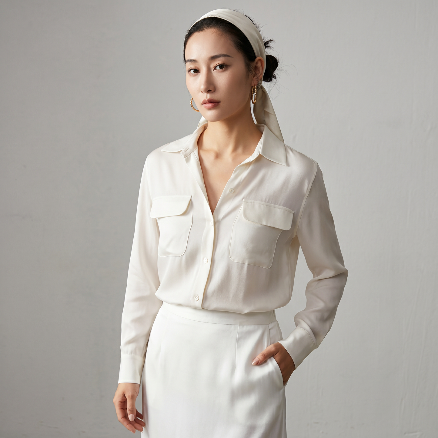 City Daily Collection 16 Momme Grade 6A 100% Mulberry Silk Crepe de Chine Shirt with Chest Pocket