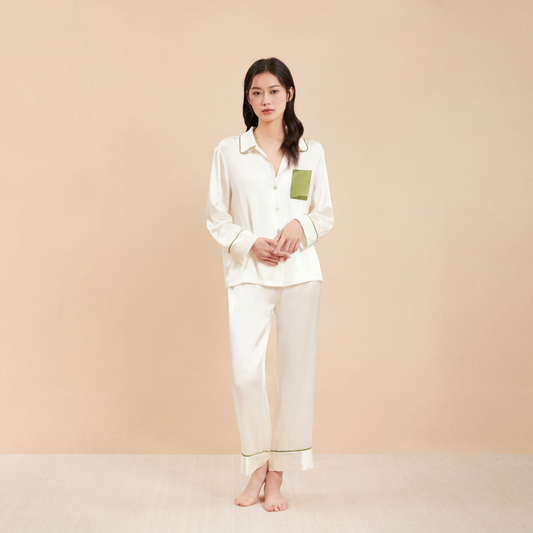 Qingsong Collection Pocket-Trimmed Silk Pajama Set