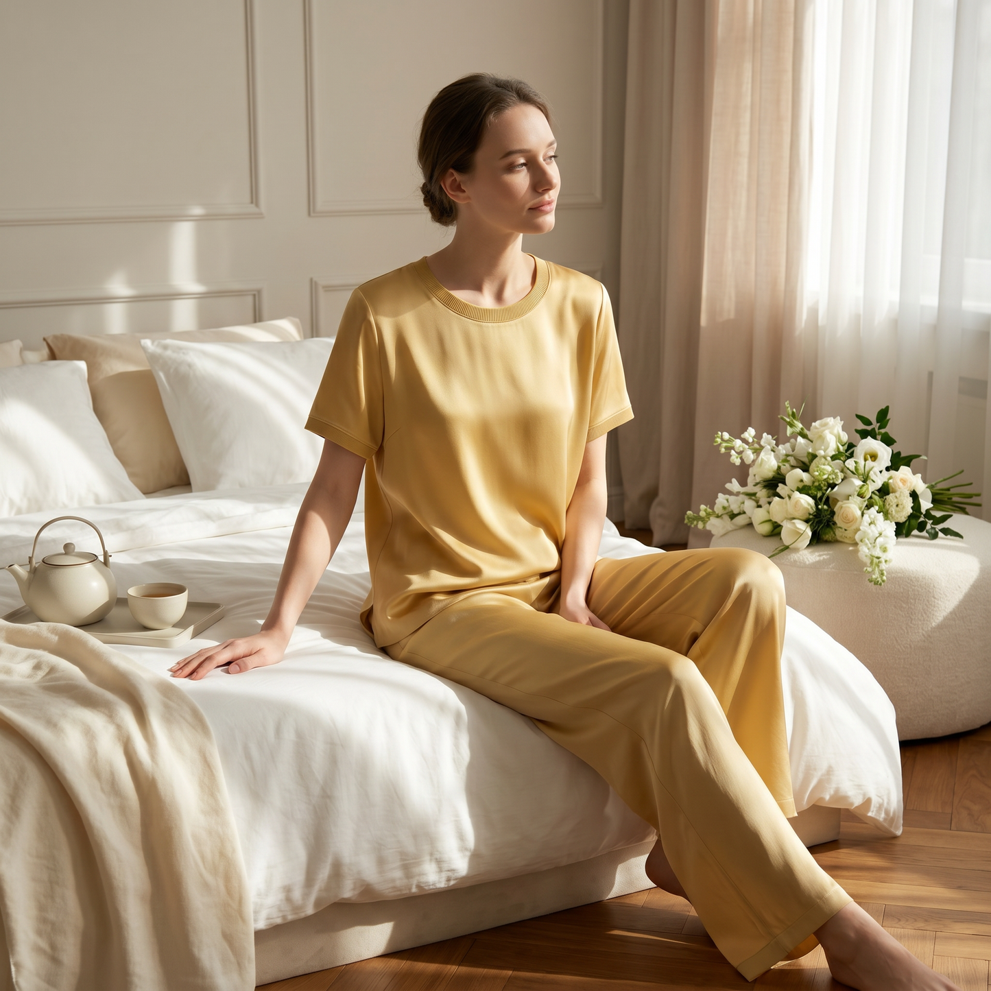 Soho Collection 19 Momme Sandwashed Ribbed Knit Round Neck Two-Piece Set