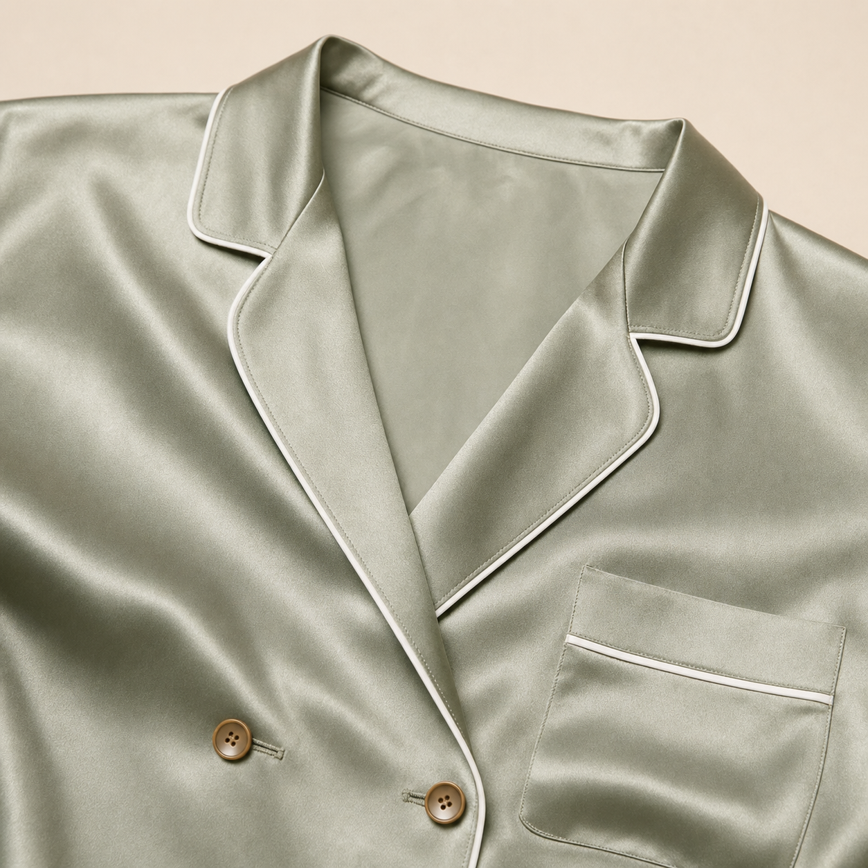 Classic Collection 19 Momme Grade 6A 100% Mulberry Silk Two-Piece Set, Double-Breasted Blazer Collar Long Sleeve Wide Leg Long Pants All-Season Loungewear | Sage Green