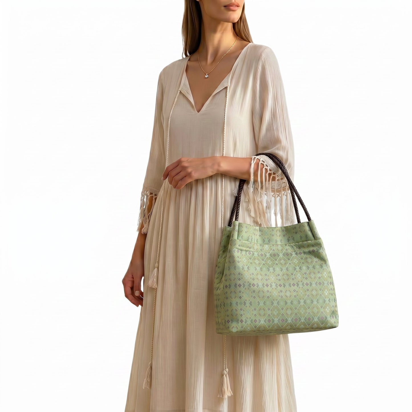 Diamond Lattice Brocade Tote Bag, Double Handle (Light Green)