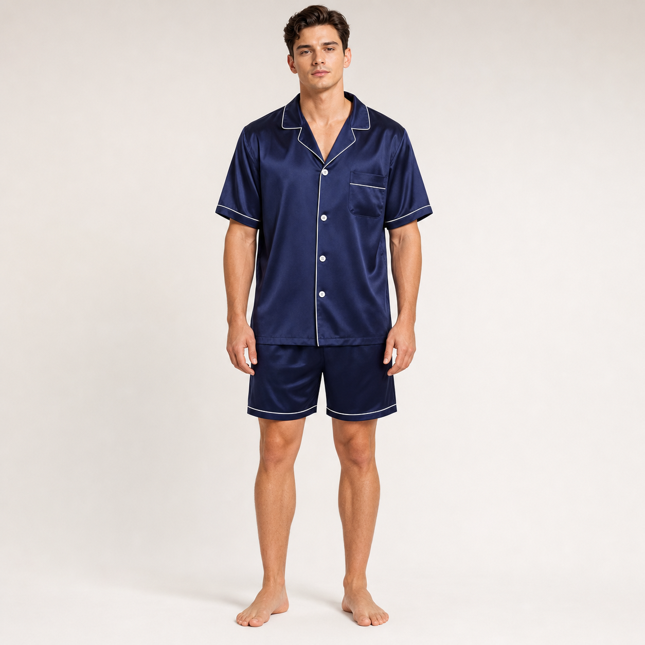 Classic Collection 19 Momme Grade 6A 100% Mulberry Silk Men's Piped Short-Sleeve Shorts Two-Piece Loungewear Set