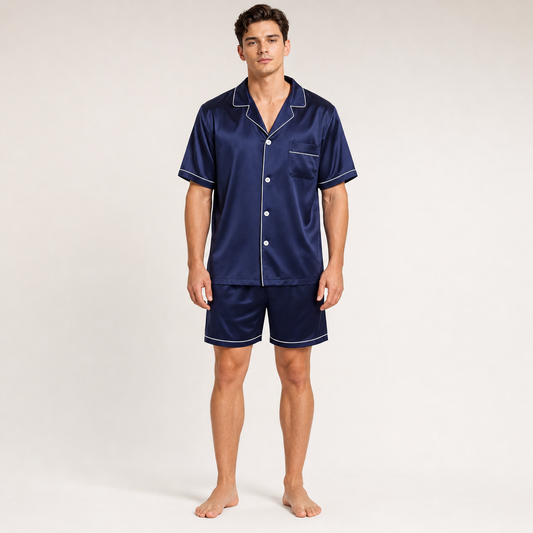 Classic Collection 19 Momme Grade 6A 100% Mulberry Silk Men's Piped Short-Sleeve Shorts Two-Piece Loungewear Set