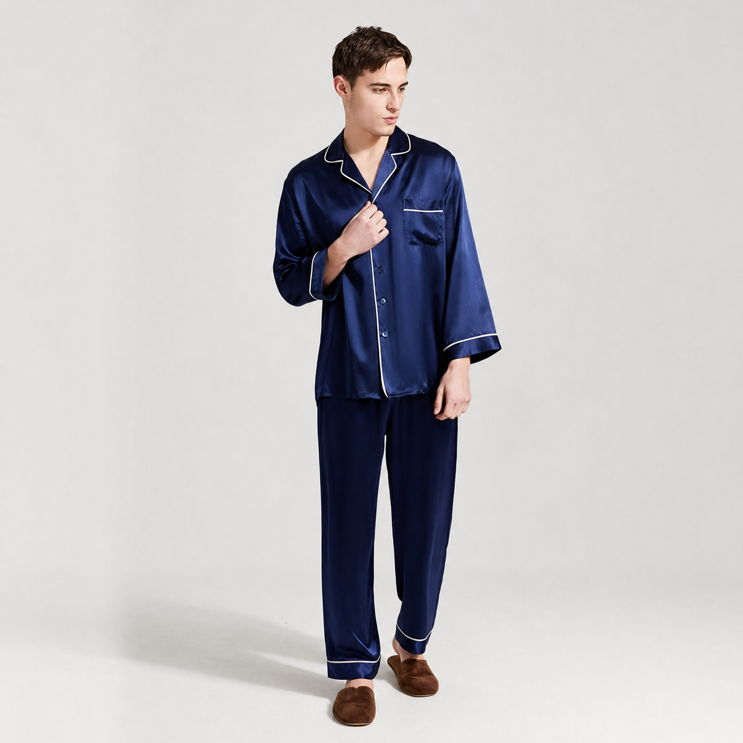 Classic Collection 19 Momme Grade 6A 100% Mulberry Silk Men's Piped Silk Pajama Set