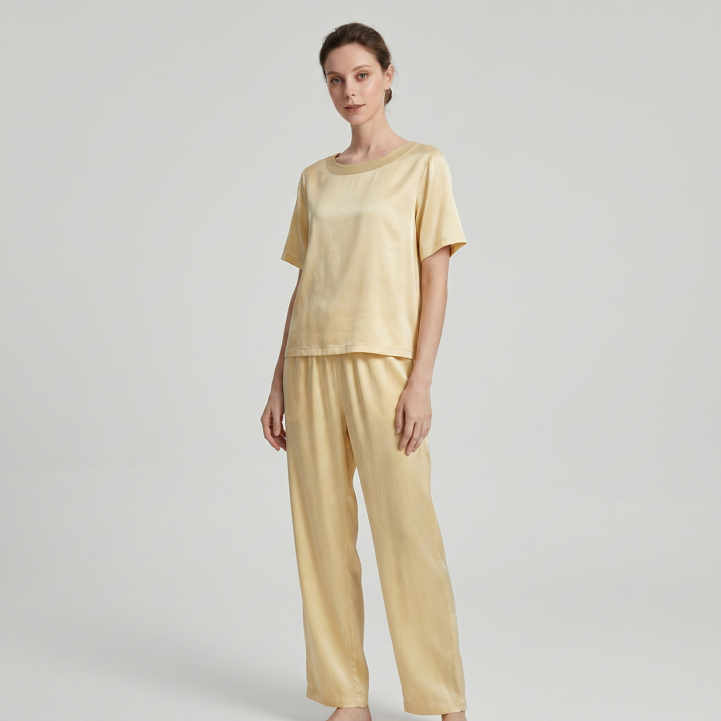 Soho Collection 19 Momme Sandwashed Ribbed Knit Round Neck Two-Piece Set