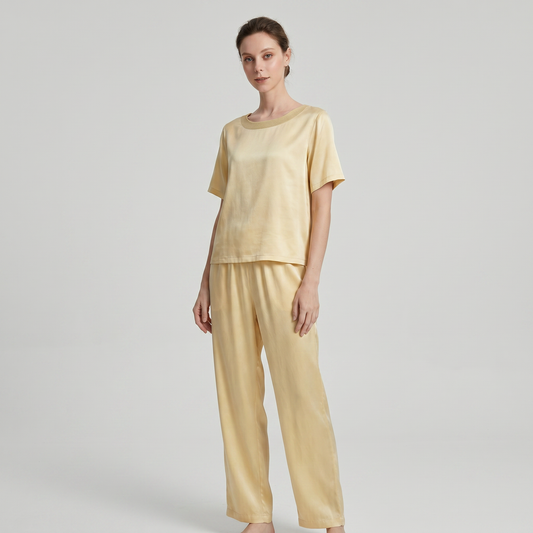 Soho Collection 19 Momme Sandwashed Ribbed Knit Round Neck Two-Piece Set