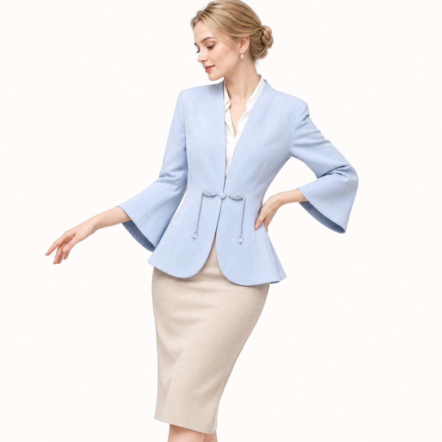 New Chinese Style Collarless Silk Blazer 3/4 Sleeve (Light Blue)