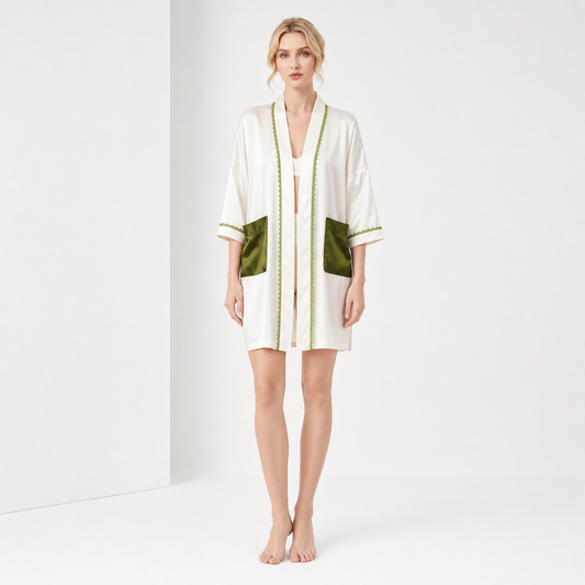 Qingsong Collection 19 Momme Color-Blocked Silk Camisole Robe