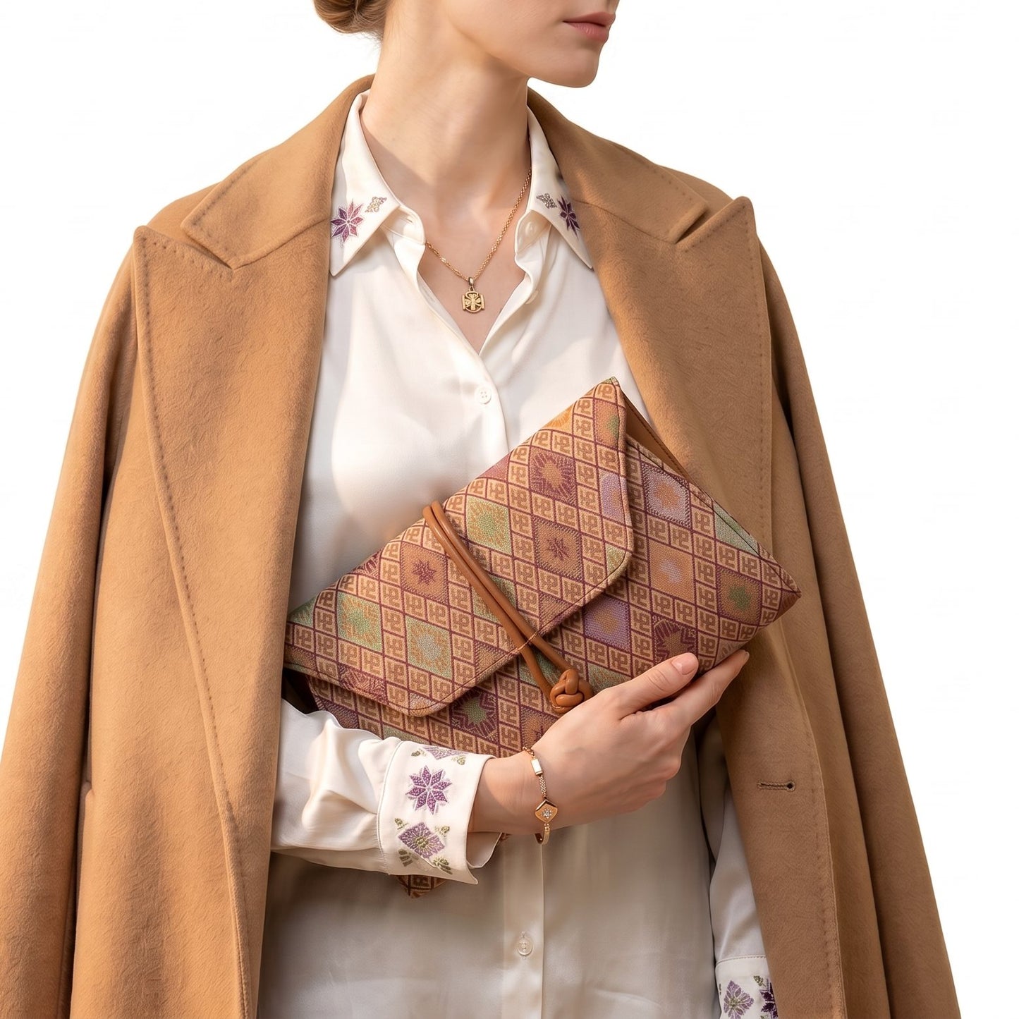 Diamond Lattice Brocade Envelope Clutch (Brown)