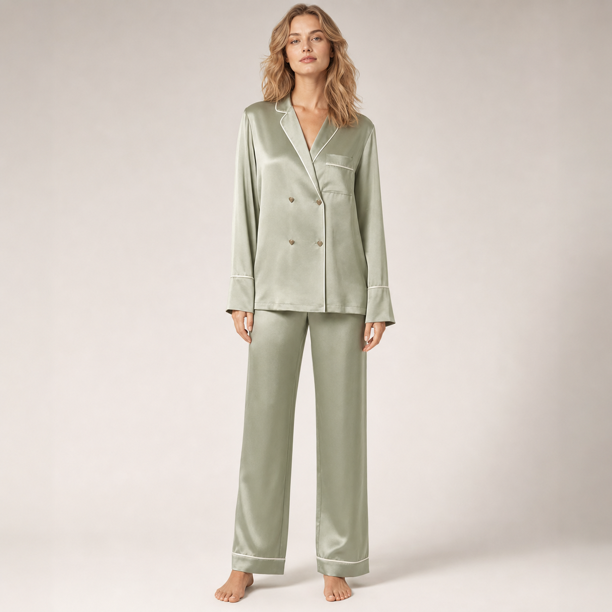 Classic Collection 19 Momme Grade 6A 100% Mulberry Silk Two-Piece Set, Double-Breasted Blazer Collar Long Sleeve Wide Leg Long Pants All-Season Loungewear | Sage Green
