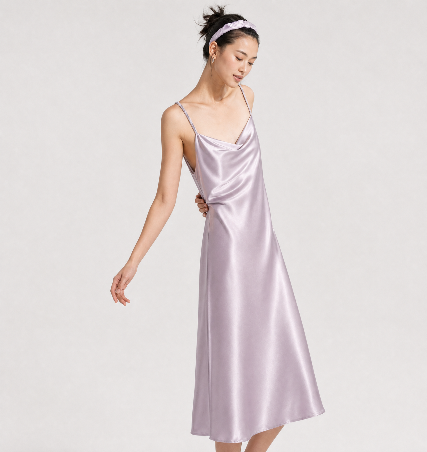 Interweave Collection 19 Momme Grade 6A 100% Mulberry Silk Cowl Neck Midi Slip Dress