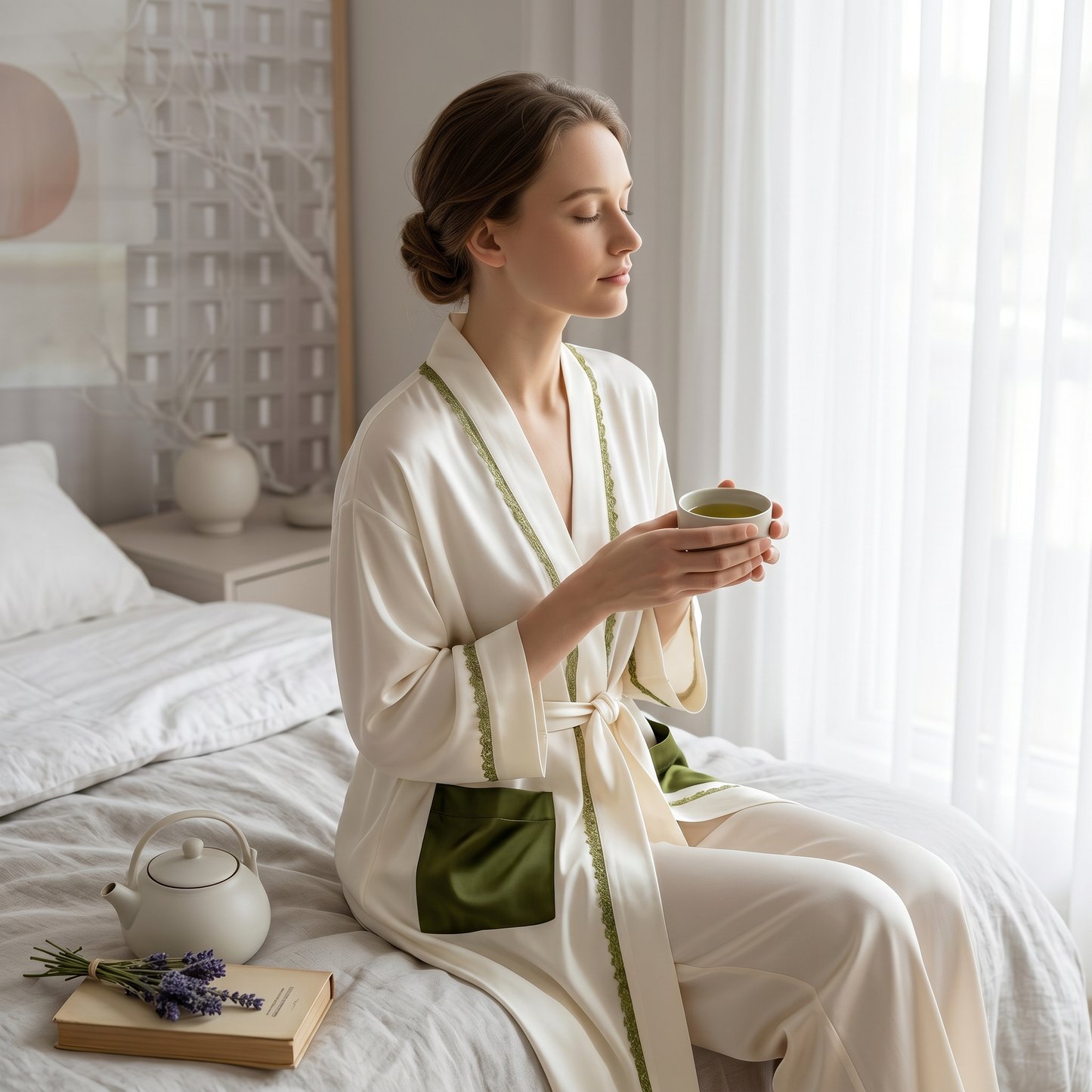 Qingsong Collection 19 Momme Color-Blocked Silk Camisole Robe