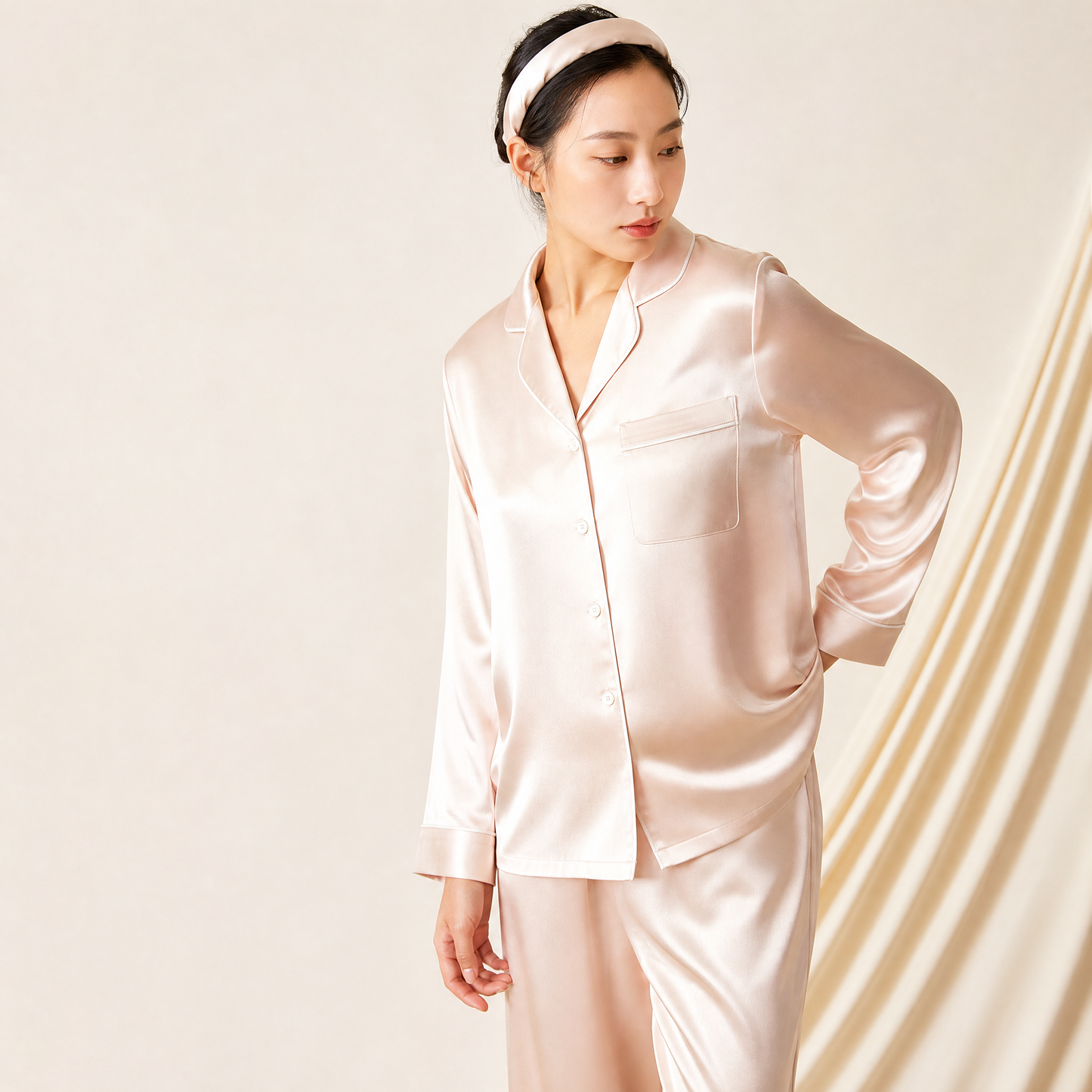 Classic Collection 19 Momme Grade 6A 100% Mulberry Silk Two-Piece Set, Notched Lapel Long Sleeve Wide Leg Long Pants All-Season Loungewear | Contrast Piping | 5 Colorways