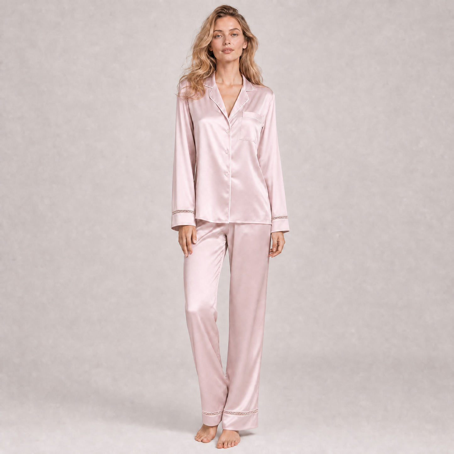 Classic Collection 22 Momme Grade 6A 100% Mulberry Silk Pajama Set with Hollow-Out Detail