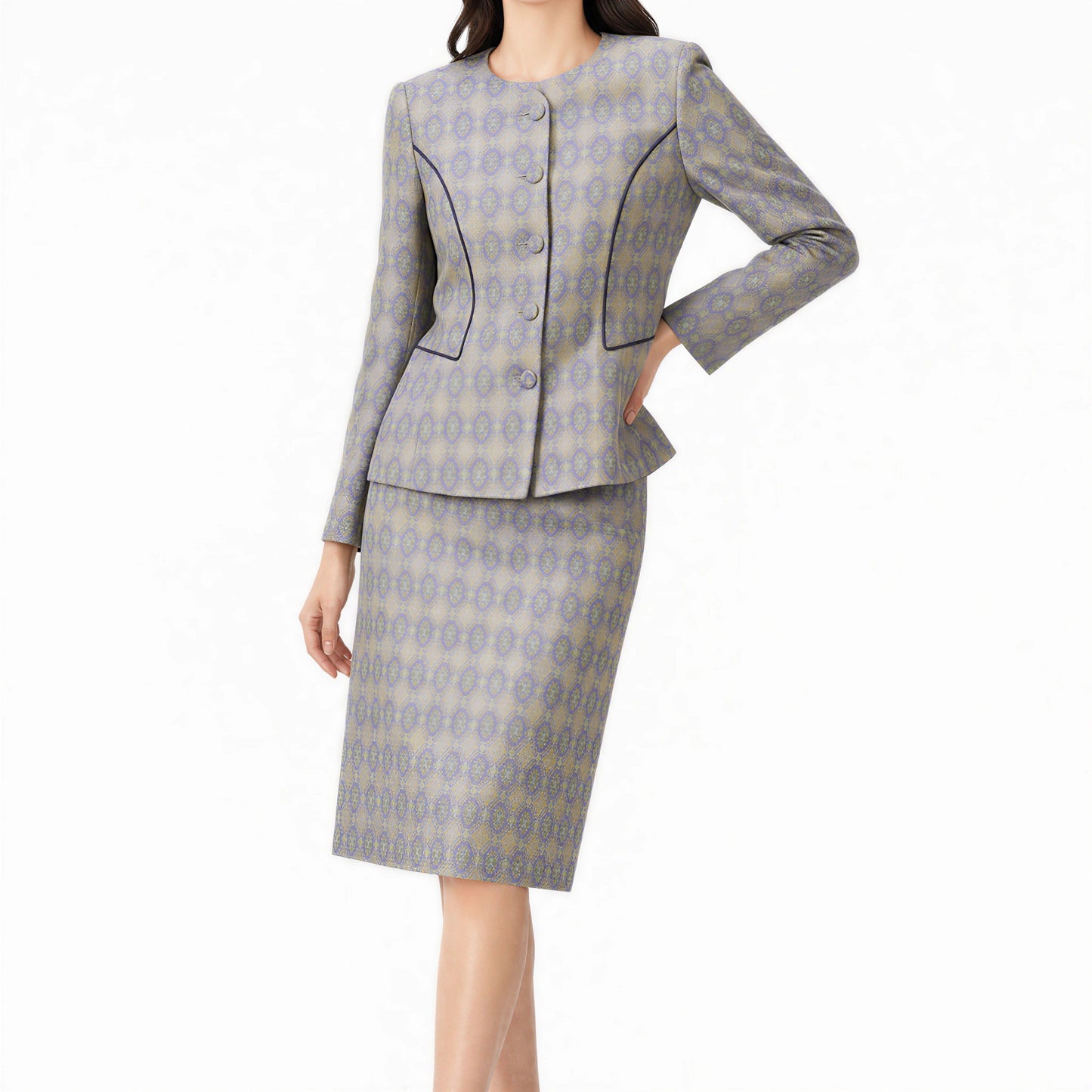 Diamond Lattice Silk Suit Set (Gray, Jacket + Skirt)