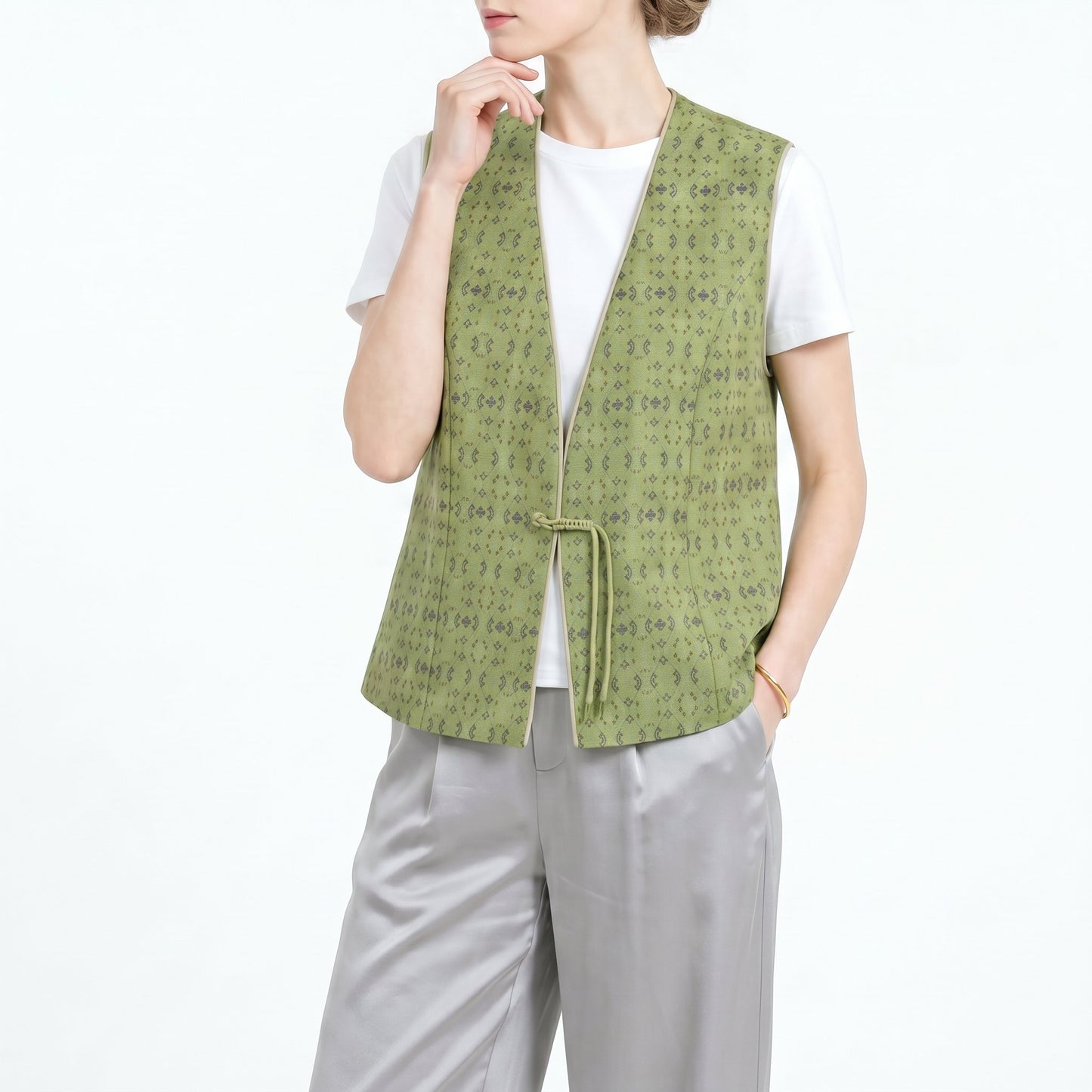 Diamond Lattice Silk Mandarin Vest (Light Green)