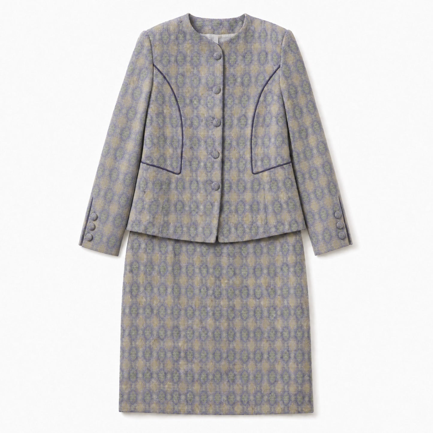 Diamond Lattice Silk Suit Set (Gray, Jacket + Skirt)