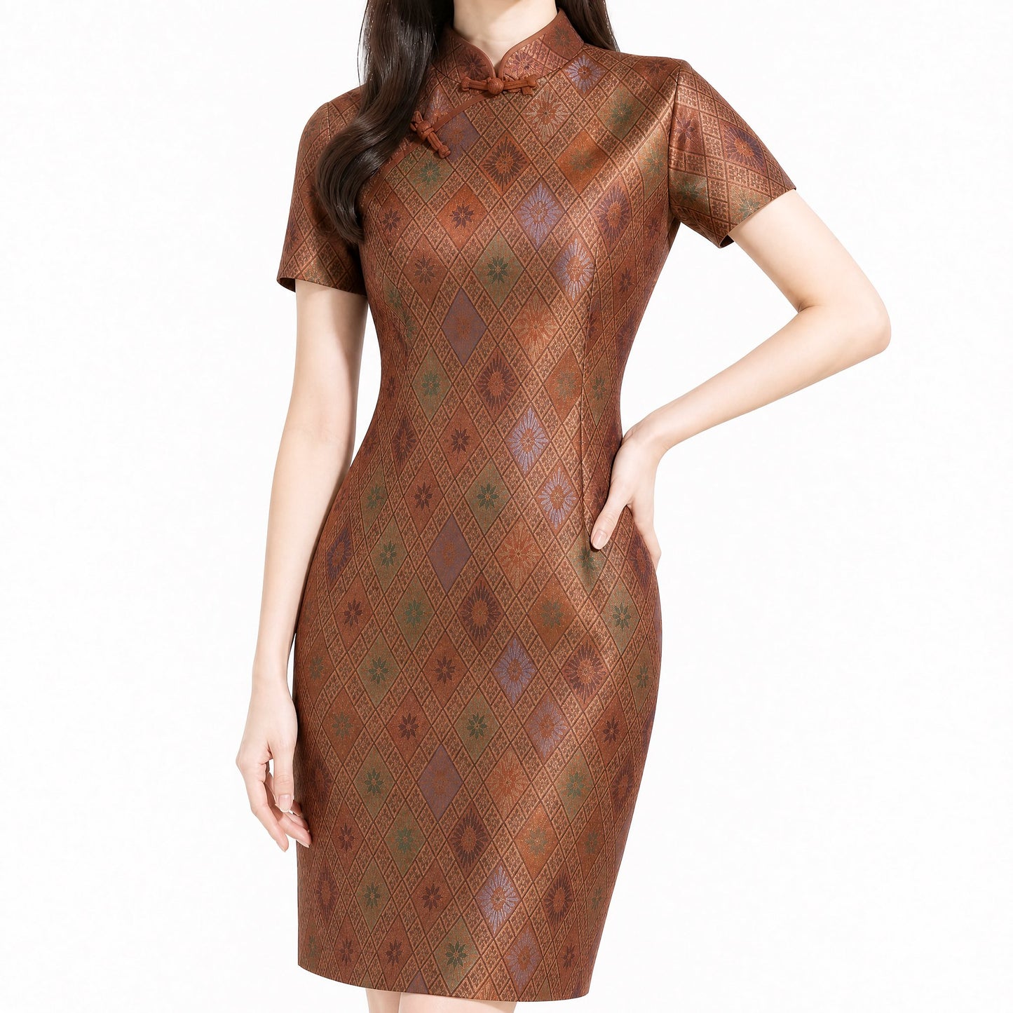 Diamond Lattice Silk Qipao Dress (Brown)