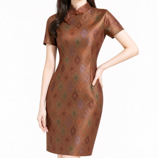 Diamond Lattice Silk Qipao Dress (Brown)