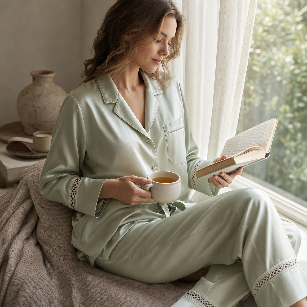 Classic Collection 22 Momme Grade 6A 100% Mulberry Silk Pajama Set with Hollow-Out Detail