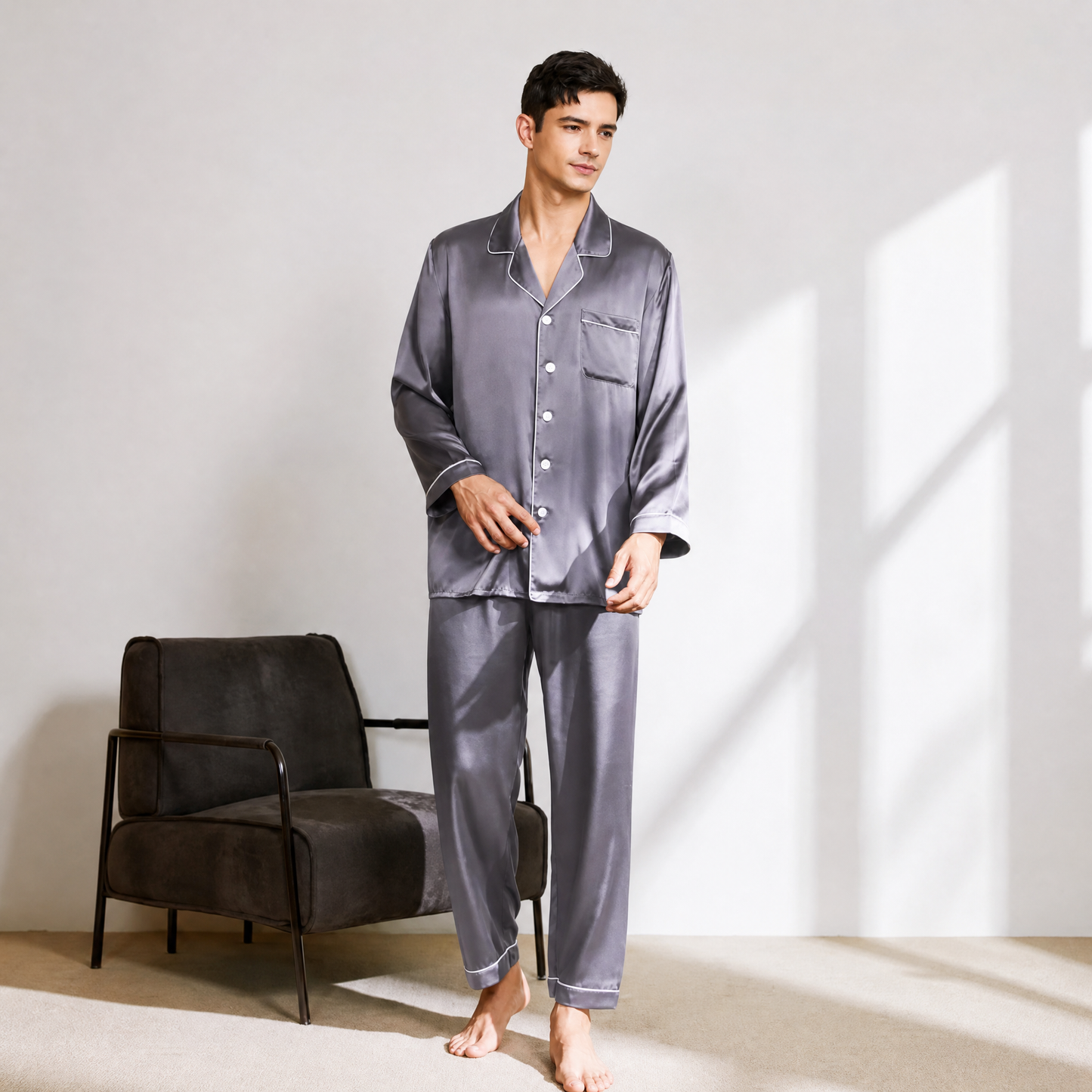 Classic Collection 19 Momme Grade 6A 100% Mulberry Silk Men's Piped Silk Pajama Set