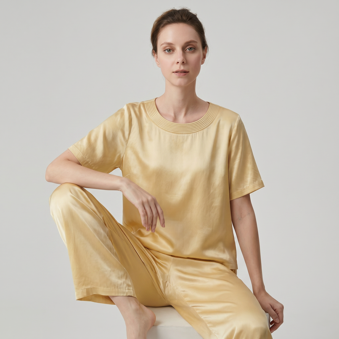 Soho Collection 19 Momme Sandwashed Ribbed Knit Round Neck Two-Piece Set