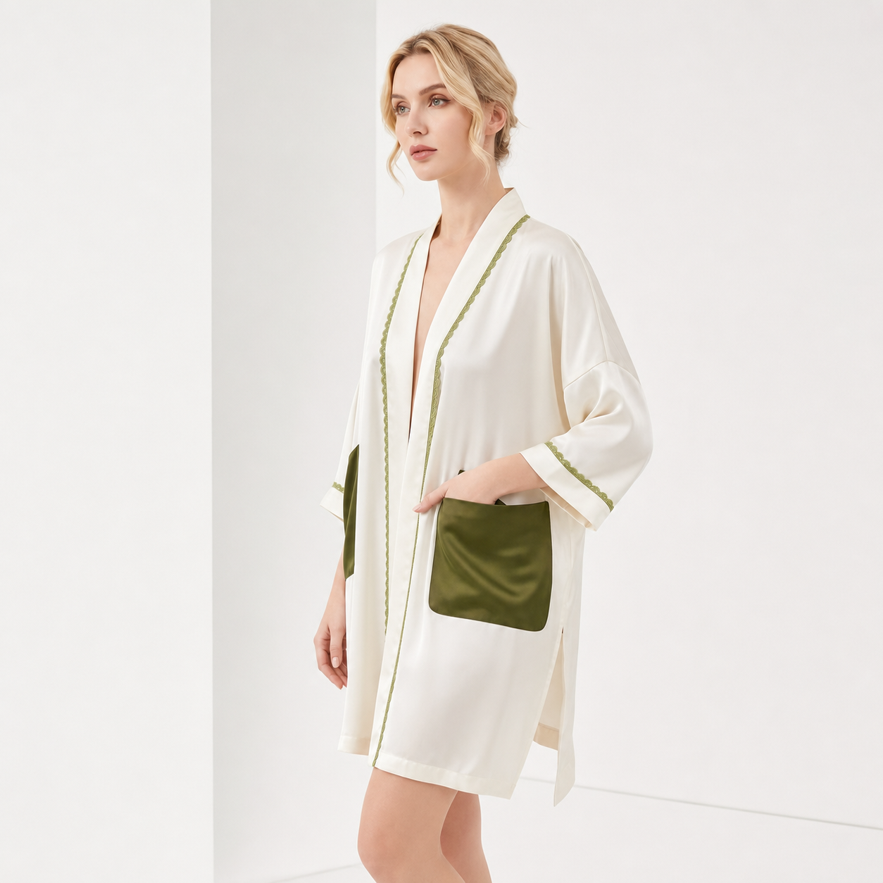 Qingsong Collection 19 Momme Color-Blocked Silk Camisole Robe