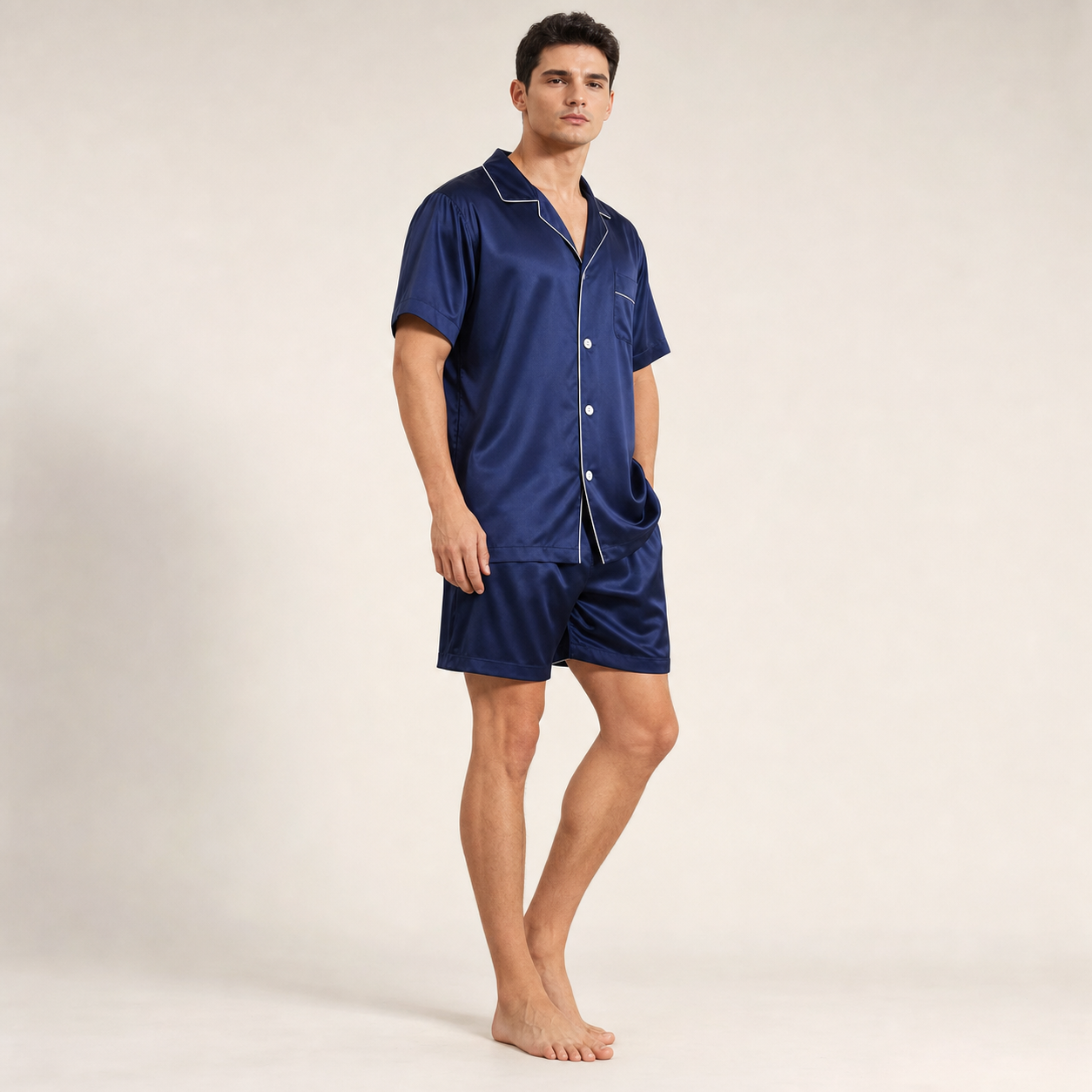 Classic Collection 19 Momme Grade 6A 100% Mulberry Silk Men's Piped Short-Sleeve Shorts Two-Piece Loungewear Set