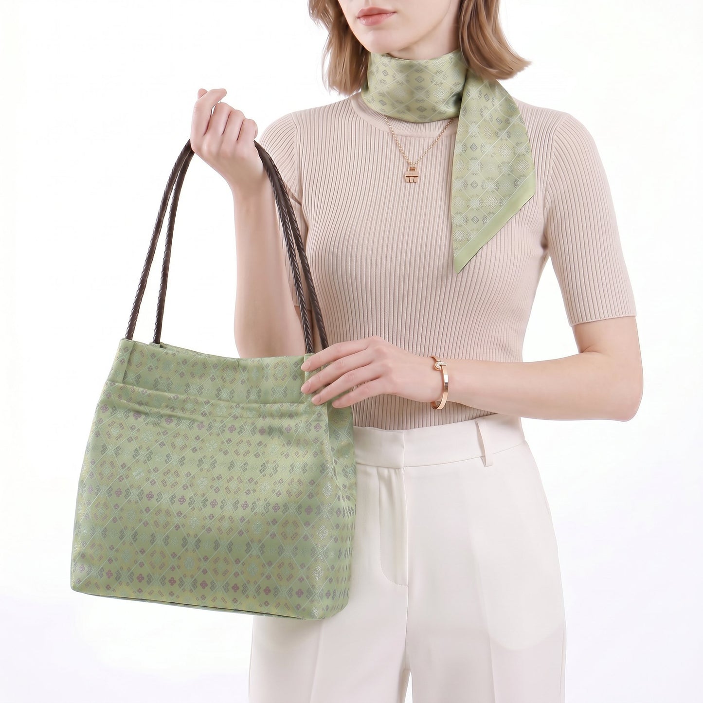 Diamond Lattice Brocade Tote Bag, Double Handle (Light Green)
