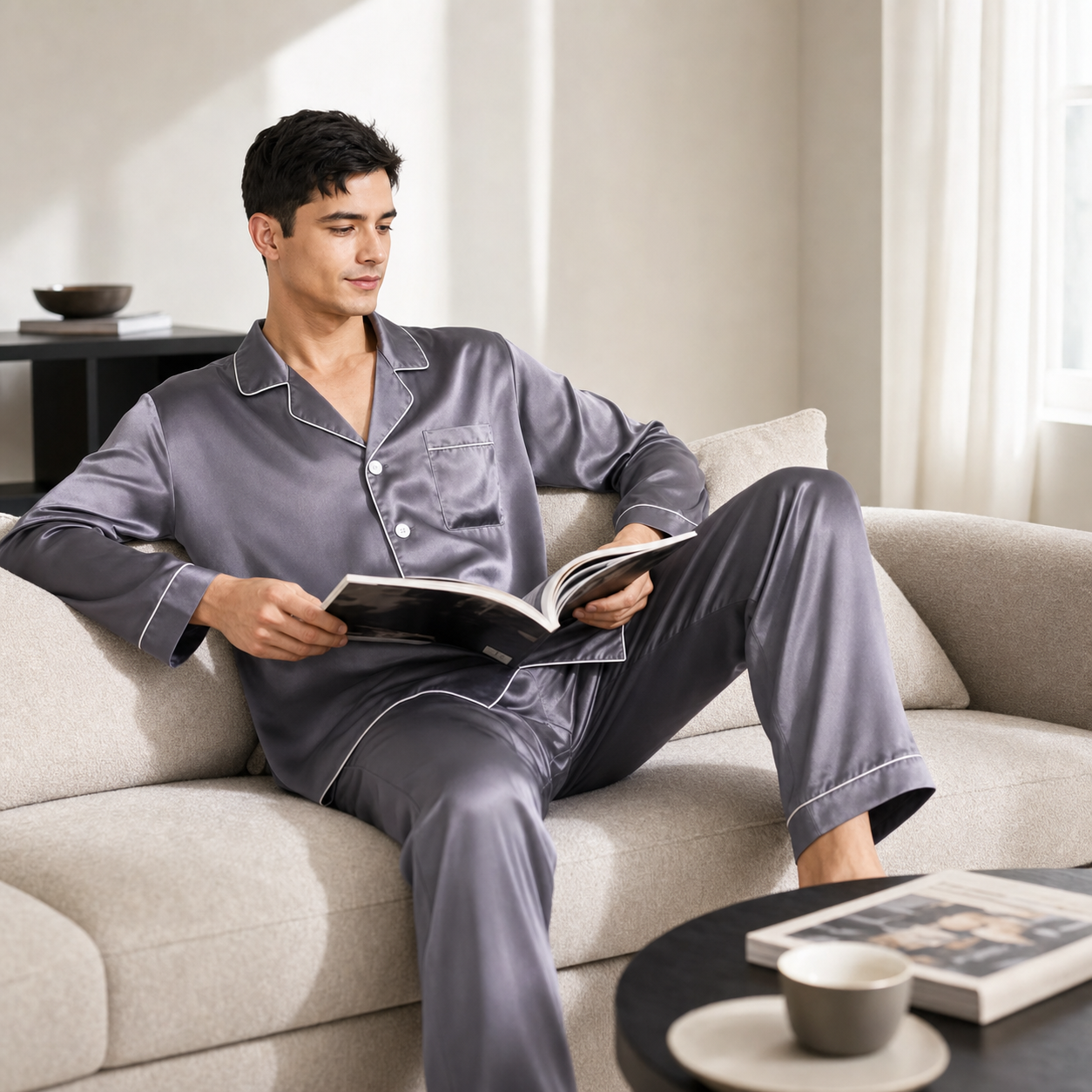 Classic Collection 19 Momme Grade 6A 100% Mulberry Silk Men's Piped Silk Pajama Set
