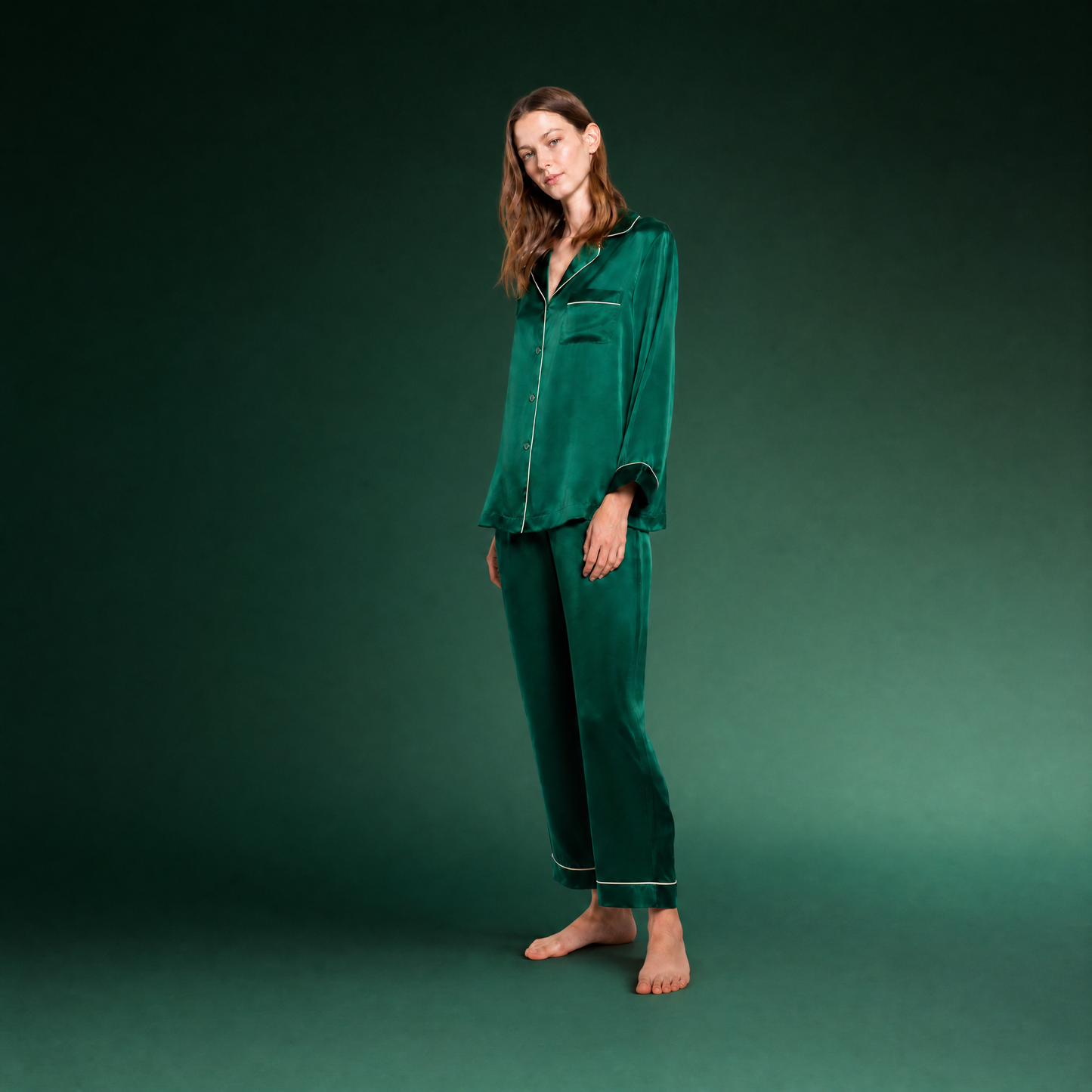 Classic Collection 19 Momme Grade 6A 100% Mulberry Silk Two-Piece Set, Notched Lapel Long Sleeve Wide Leg Long Pants All-Season Loungewear | Contrast Piping | 5 Colorways