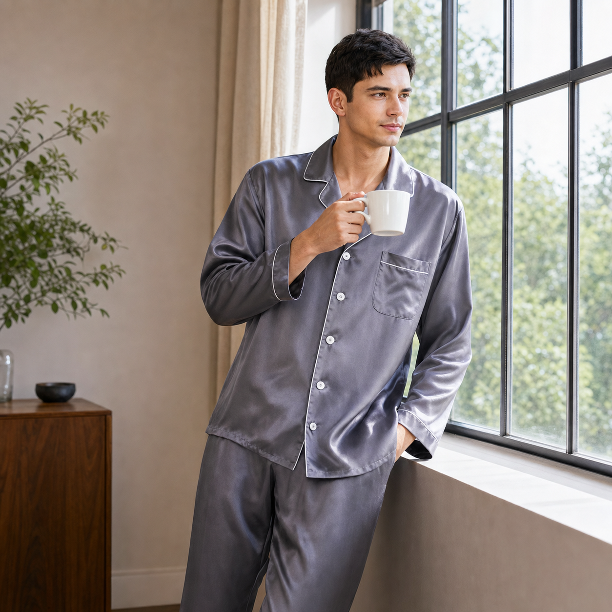 Classic Collection 19 Momme Grade 6A 100% Mulberry Silk Men's Piped Silk Pajama Set