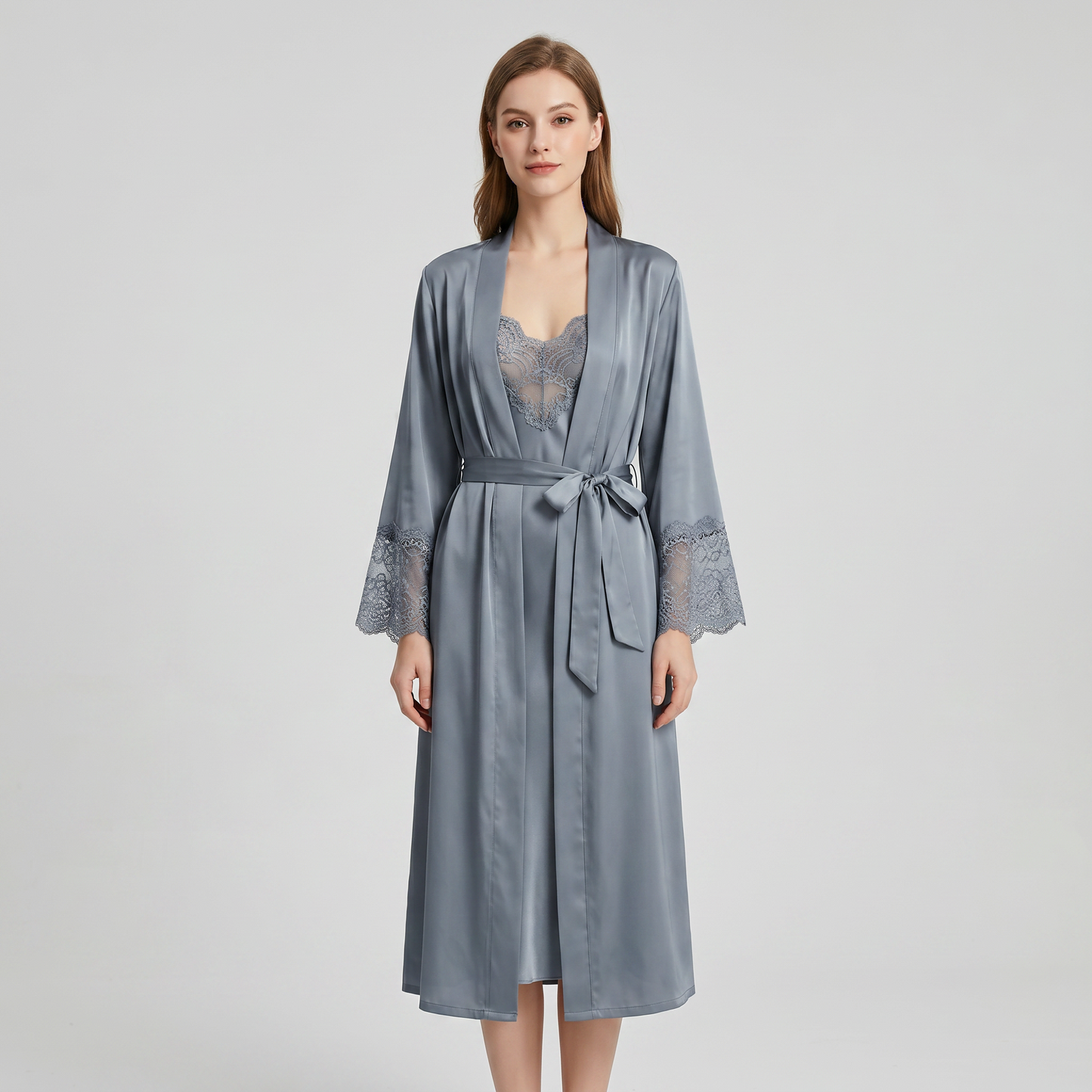 Zhenshe Collection 19 Momme Grade 6A 100% Mulberry Silk Lace-Trimmed Lapel Robe