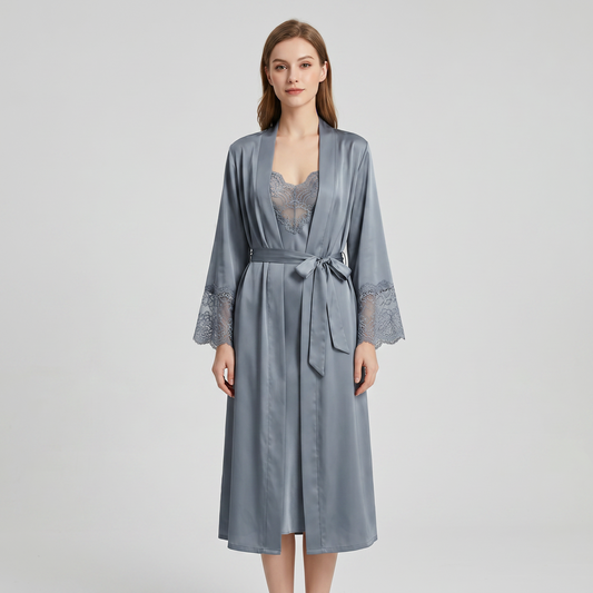 Zhenshe Collection 19 Momme Grade 6A 100% Mulberry Silk Lace-Trimmed Lapel Robe