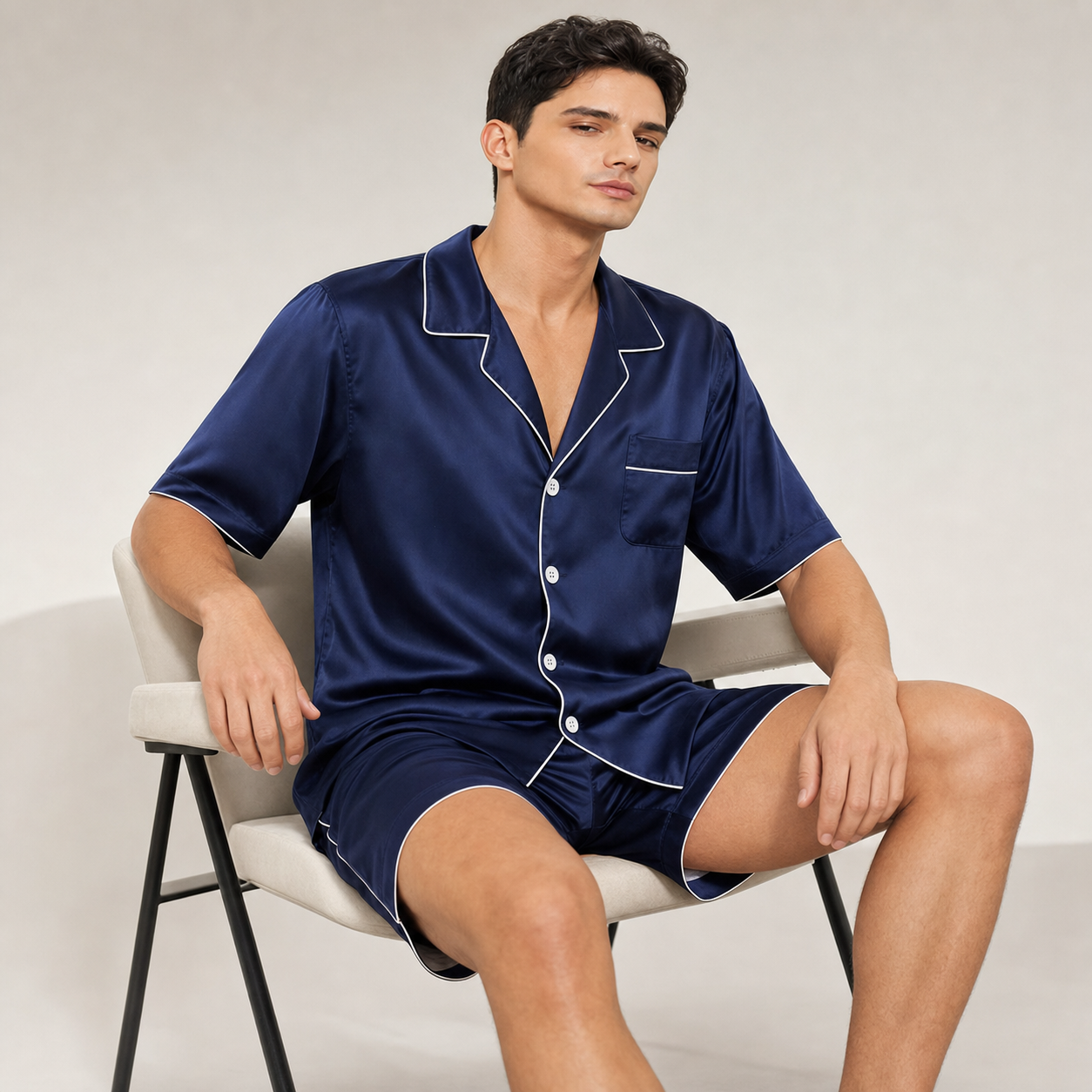 Classic Collection 19 Momme Grade 6A 100% Mulberry Silk Men's Piped Short-Sleeve Shorts Two-Piece Loungewear Set