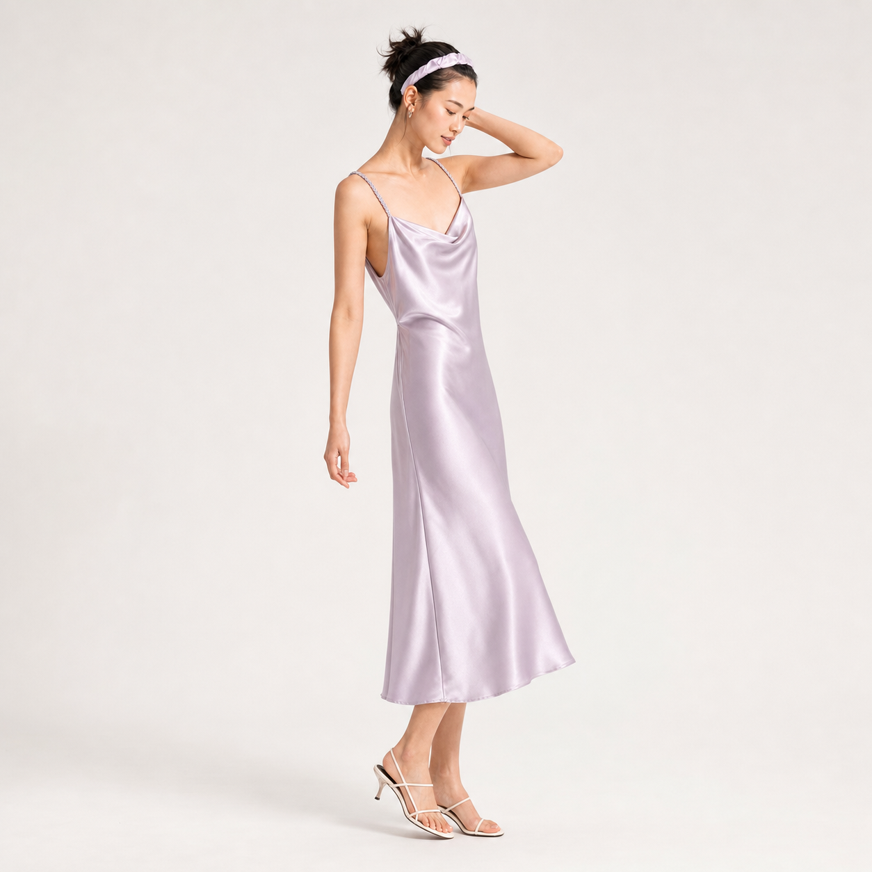 Interweave Collection 19 Momme Grade 6A 100% Mulberry Silk Cowl Neck Midi Slip Dress